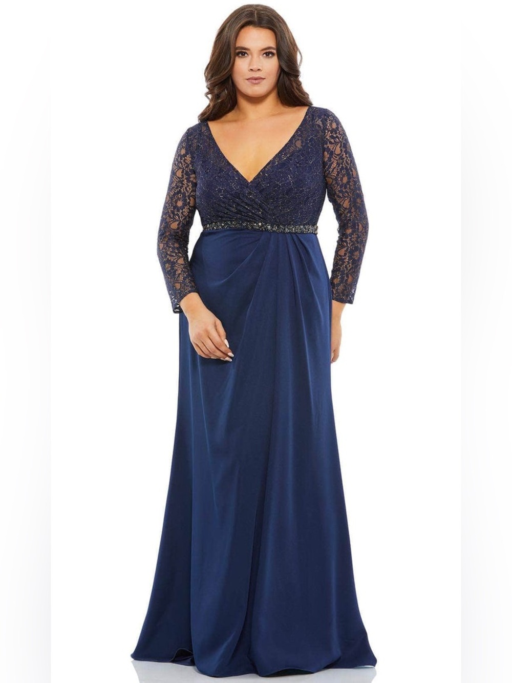 Mac Duggal 67898 Lace Bodice Beaded Belt Gown Plus Sz 14WNavy $498